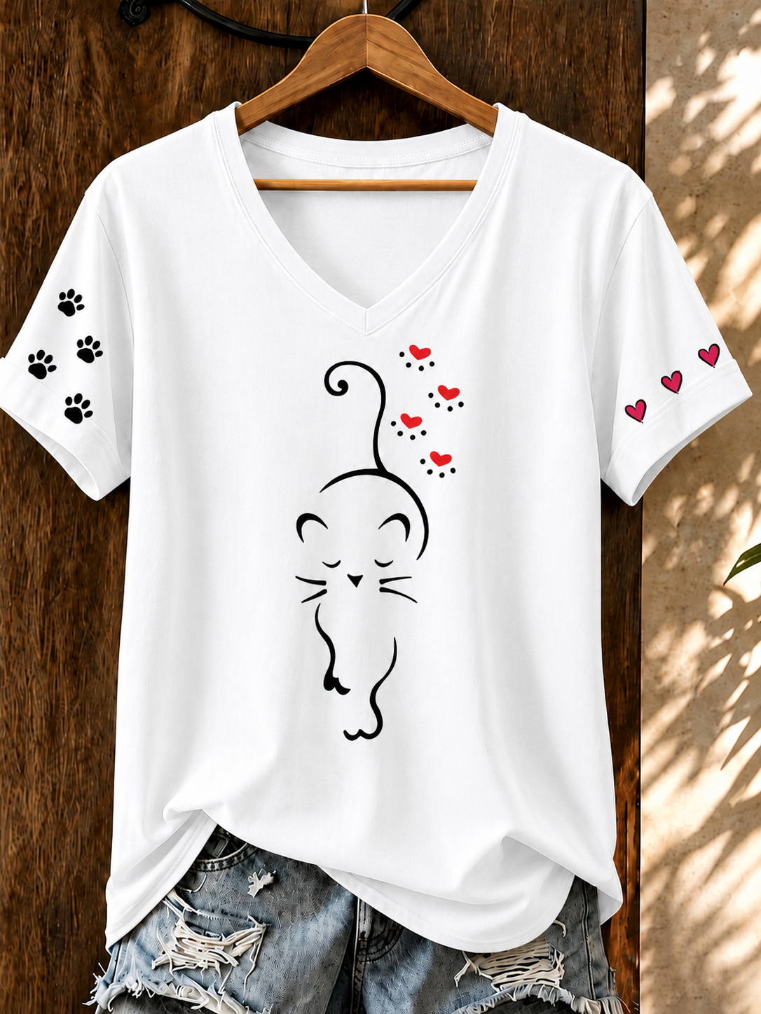 Women'S Cute Cat Paw Hearts Printed V-Neck T-Shirt