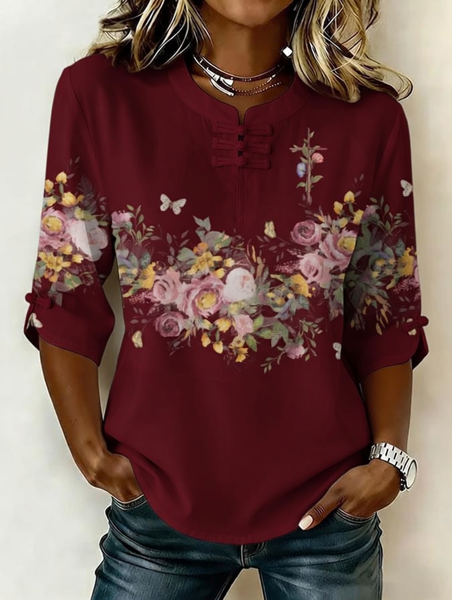 Women'S Retro Faith Flower Art Cotton And Hemp Printing Design Casual T-Shirt