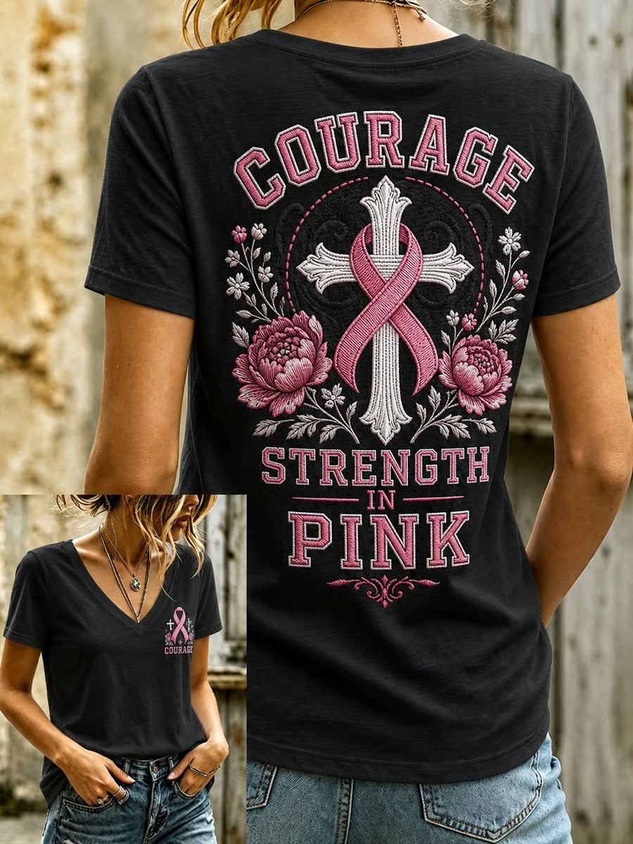 Women's Breast Cancer Awareness Pink Ribbon Print Short-Sleeve