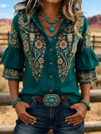 Women's Western Bull Skull Embroidered Ruffle Sleeve Shirt