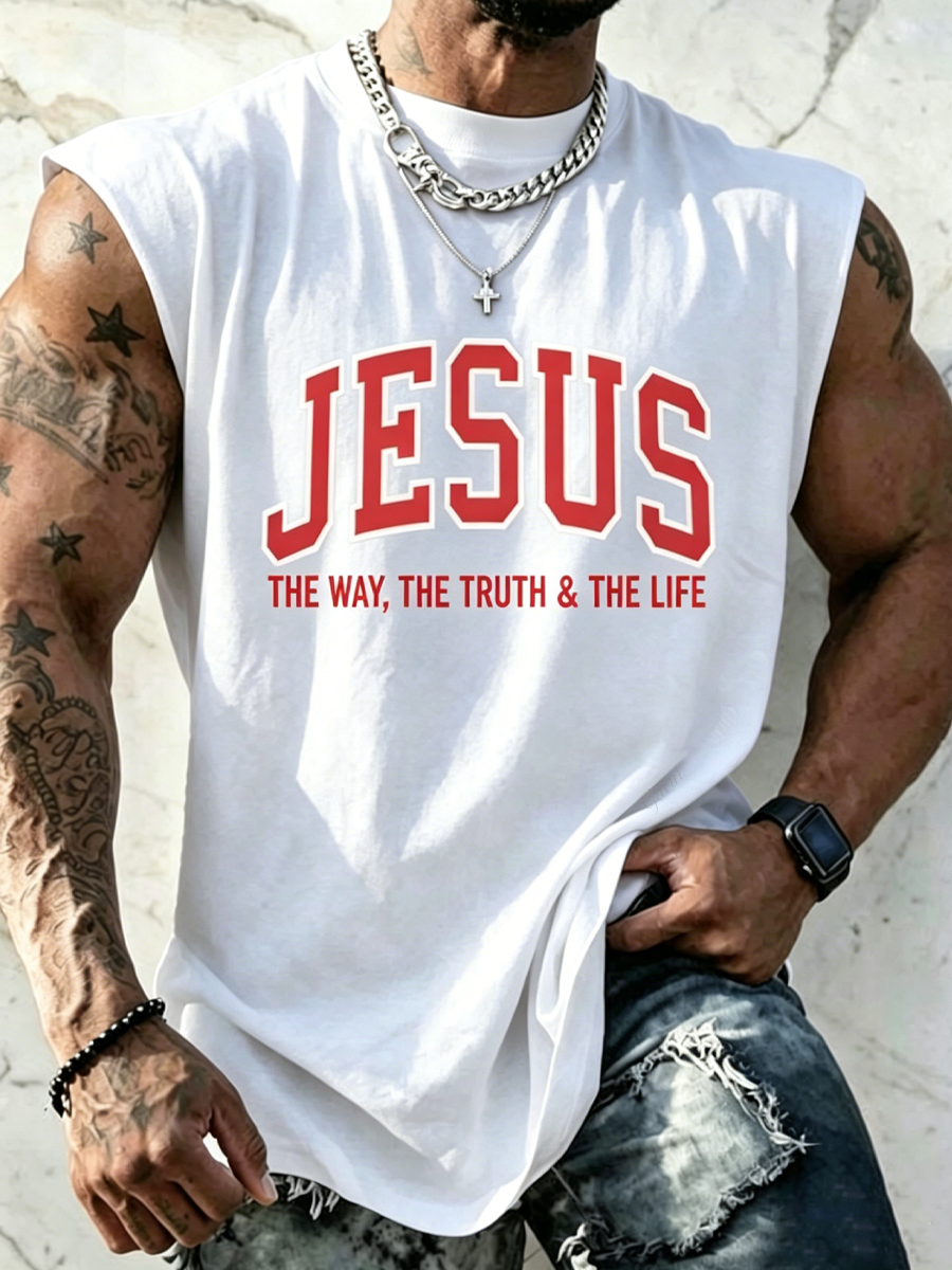 Retro Jesus Print Men'S Casual Print Crew Neck Vest