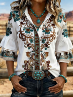 Women's Western Floral Embroidered Denim Bell Sleeve Shirt