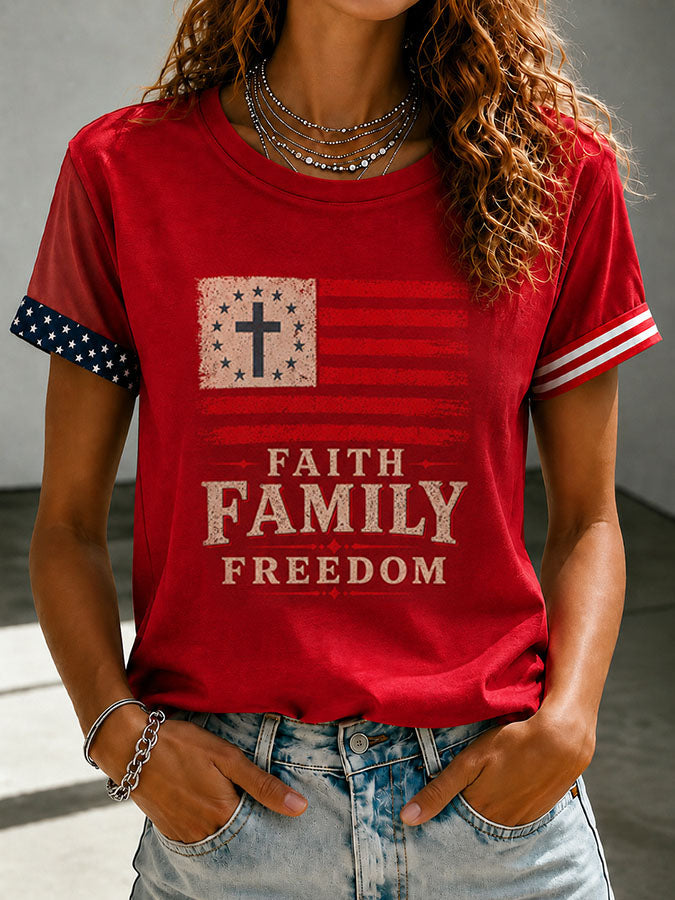 Women'S Casual Faith Family Freedom Cross Printed T-Shirt