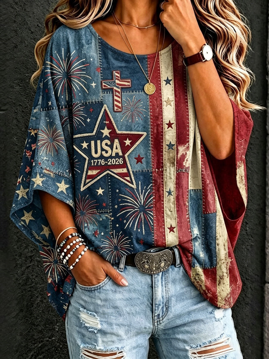 Women'S Independence Day Flag And Star Art Faith Print Crew Neck Loose T-Shirt