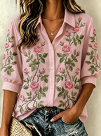 Women's Breast Cancer Awareness Pink Rose Floral Embroidered Button-up Shirt