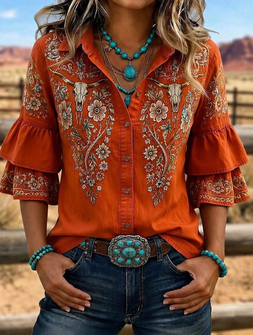 Women's Western Bull Skull Embroidered Ruffle Sleeve Shirt