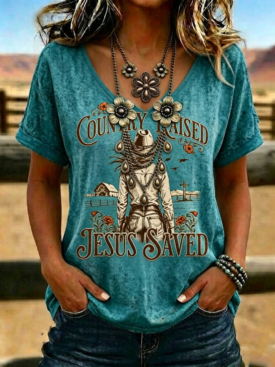 Women'S Western-Style Retro Faith Print V-Neck T-Shirt