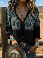 Women's Boho Paisley Ombre Lace Up 3/4 Puff Sleeve Western Blouse