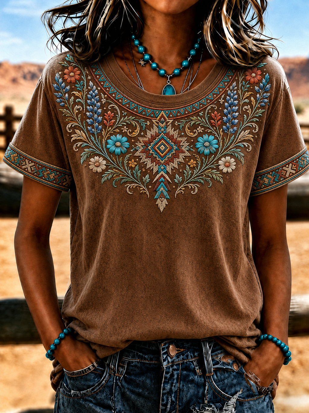 Women'S Retro Ethnic Art Printed Round Neck T-Shirt