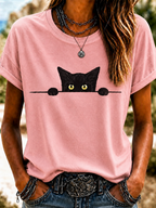 Women'S Cute Cat Art Printed Round Neck T-Shirt