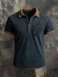 Men'S Casual Daily Cotton Linen Contrasting Collar Pocket Polo Shirt