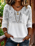 Women's Western Paisley Patchwork Waffle Knit Pocket V Neck Casual Top