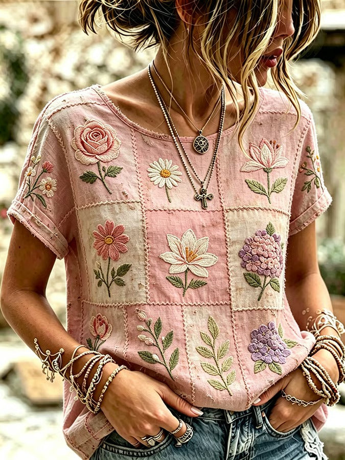 Women's Floral Rose Art Embroidered Linen Blend Tops