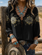 Women's Boho Mandala Rhinestone Lace Up Ruffle Sleeve Western Top