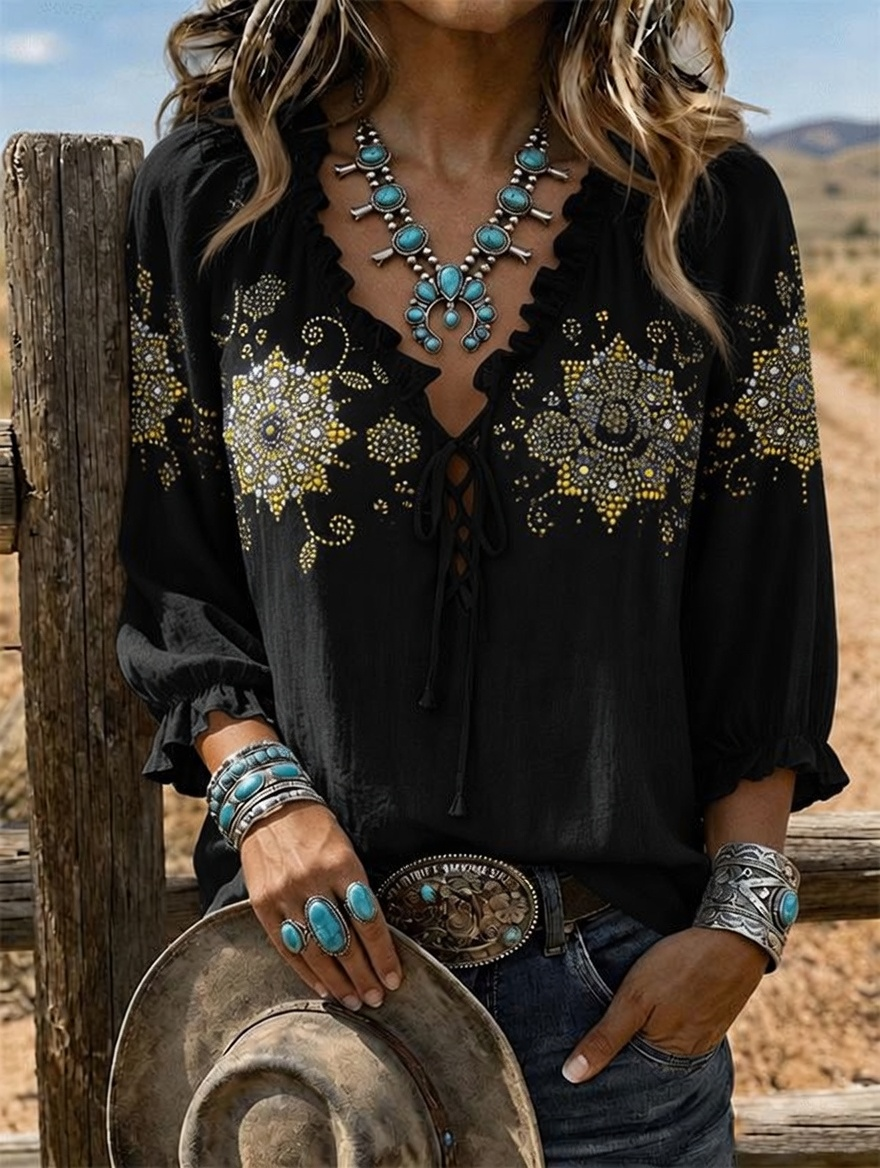 Women's Boho Mandala Rhinestone Lace Up Ruffle Sleeve Western Top