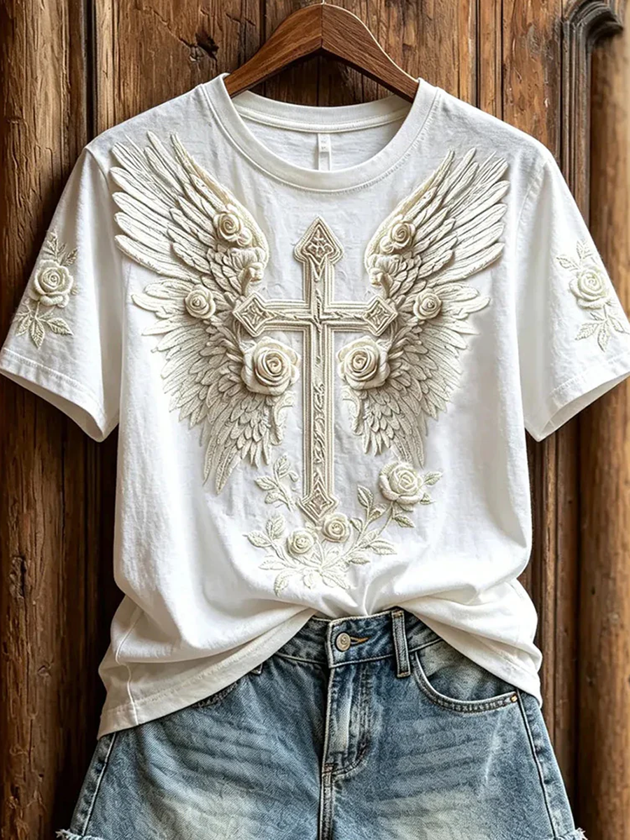 Women'S Faith Rose Wings Three-Dimensional Cross Vintage Print  Short Sleeve T-Shirt