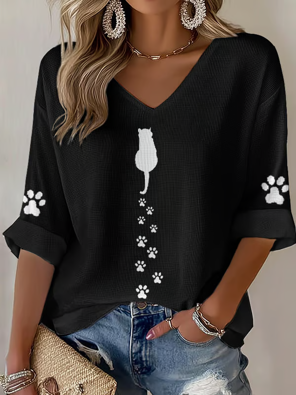 Women's Cute Cat Print Waffle T-shirt