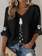 Women's Cute Cat Print Waffle T-shirt