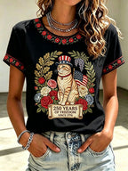 Women's American flag cat floral print casual top