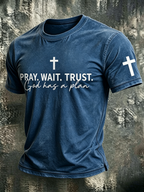 Faith Cross Slogan Commemorative Printed Round Neck T-Shirt
