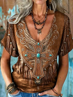 Ladies' Western Style Cotton And Linen Short Sleeved V-Neck Top