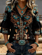 Women's Western Floral Embroidered Denim Bell Sleeve Shirt