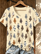 Women'S Cat Printed V-Neck T-Shirt