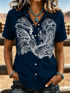 Women's Ombre White Paisley Embroidery Short Sleeve Shirt