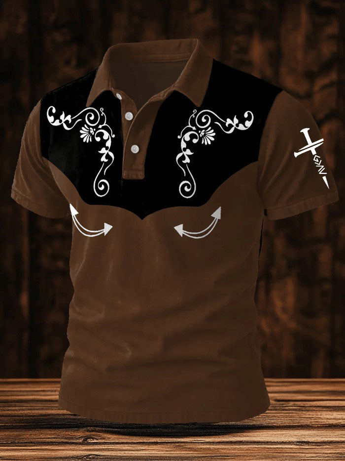 Men'S Western Cross Flower Printed Polo Shirt
