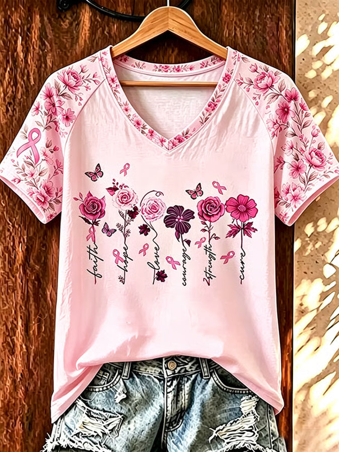Women'S Casual Retro Breast Cancer Awareness Printed T-Shirt