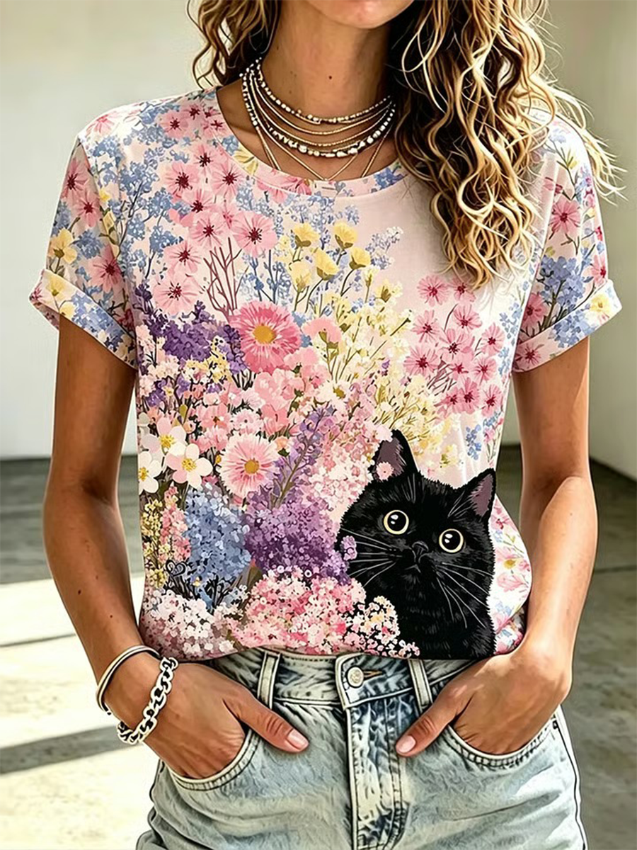 Women'S Casual Floral Cat Printed T-Shirt