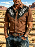 Men's Western retro embroidered short sleeved shirt