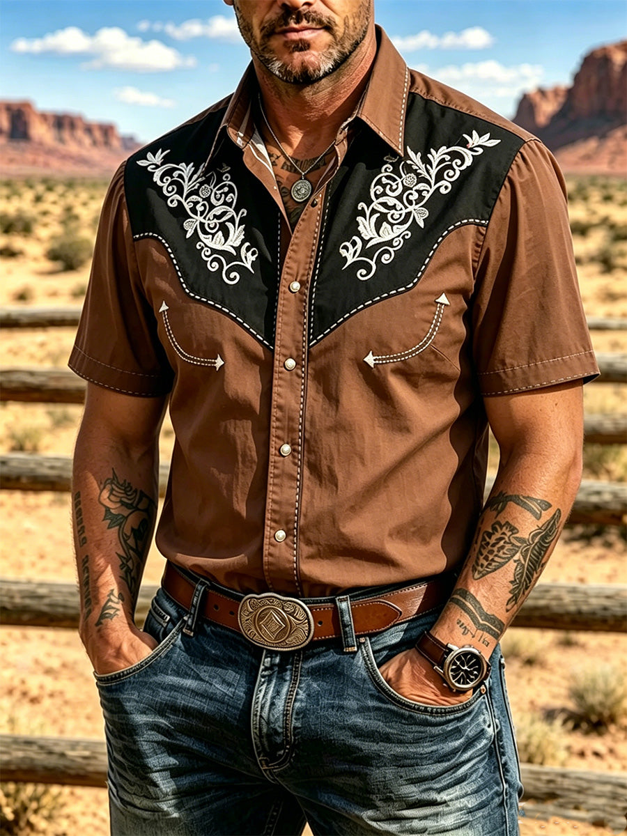 Men's Western retro embroidered short sleeved shirt