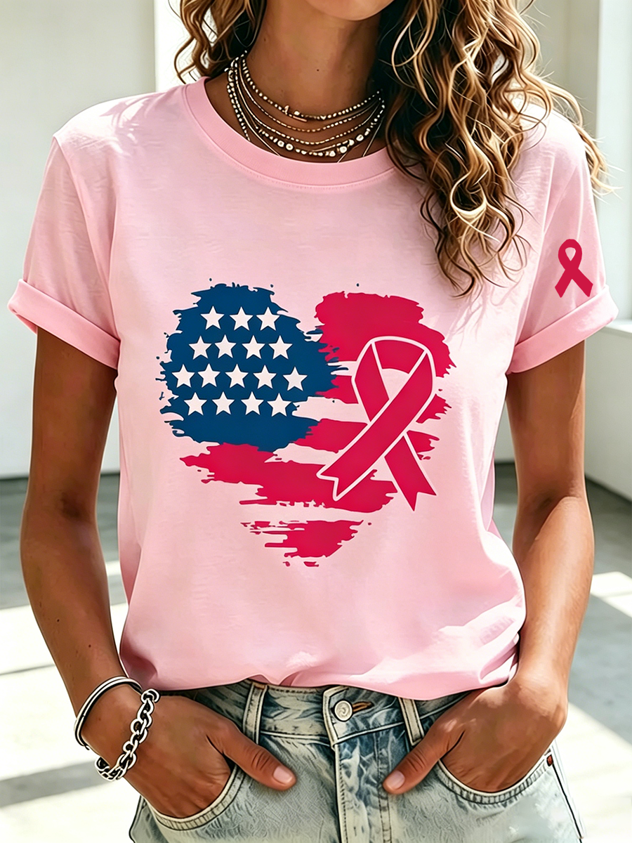 Women's American Flag breast cancer Awareness T-shirt