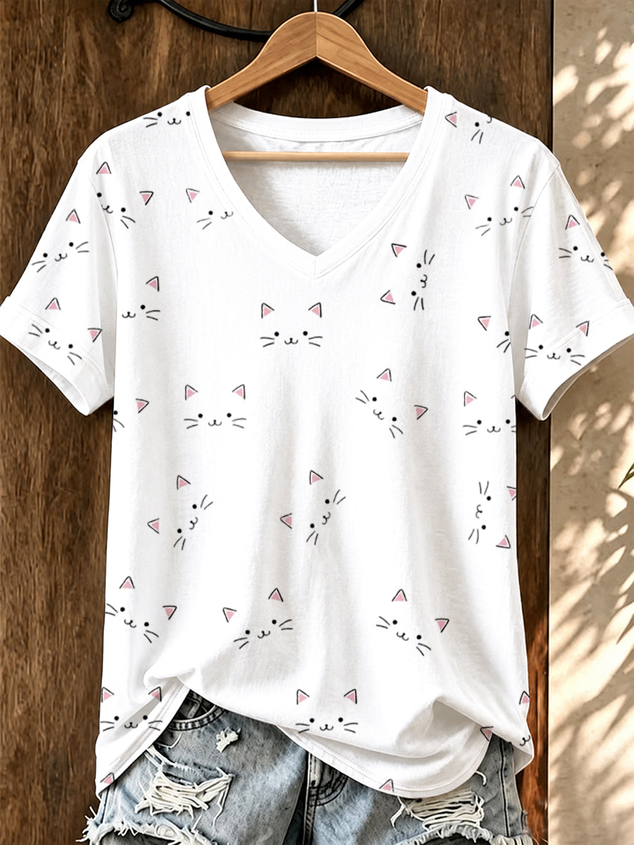 Women'S Cat Printed V-Neck T-Shirt
