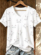 Women'S Cat Printed V-Neck T-Shirt