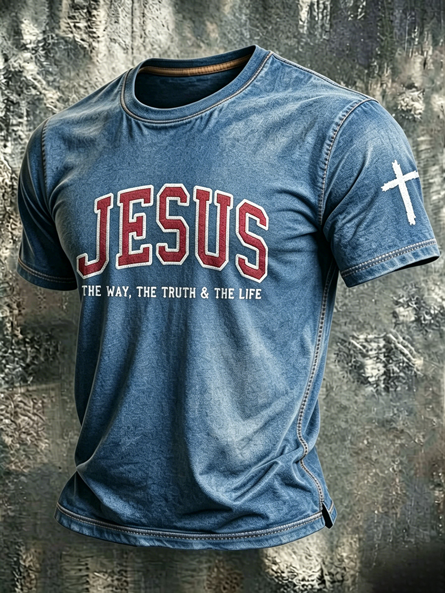 Jesus Cross Faith Commemorative Printed Round Neck T-Shirt