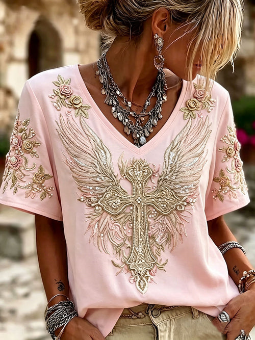 Ladies' V-Neck Cotton Linen Short Sleeved Flower Wing Cross Pattern