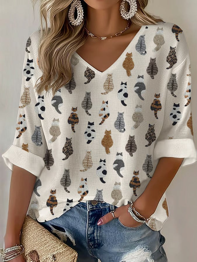 Women'S Cat Printed Waffle T-Shirt