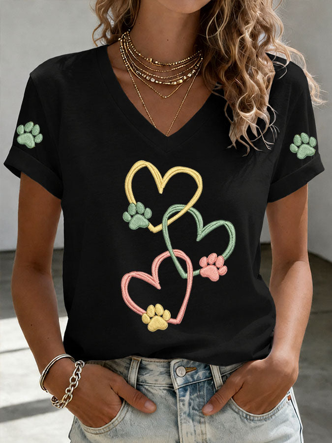 Women'S Paw Heart Print V-Neck T-Shirt