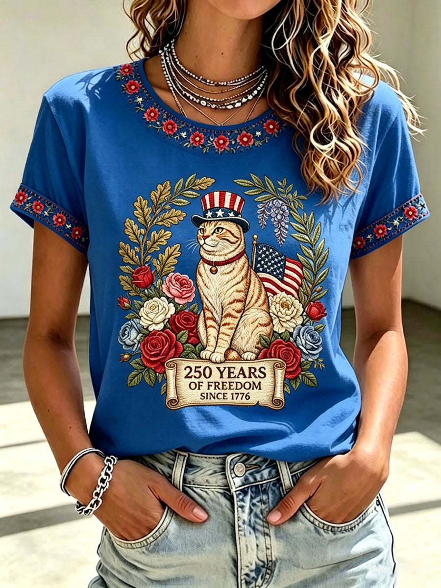 Women's American flag cat floral print casual top