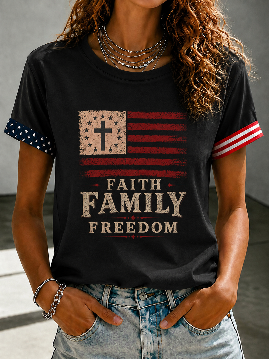 Women'S Casual Faith Family Freedom Cross Printed T-Shirt