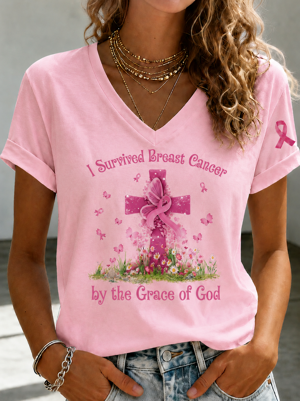 Women'S Faith And Breast Cancer Promotion Printed Short Sleeved T-Shirt