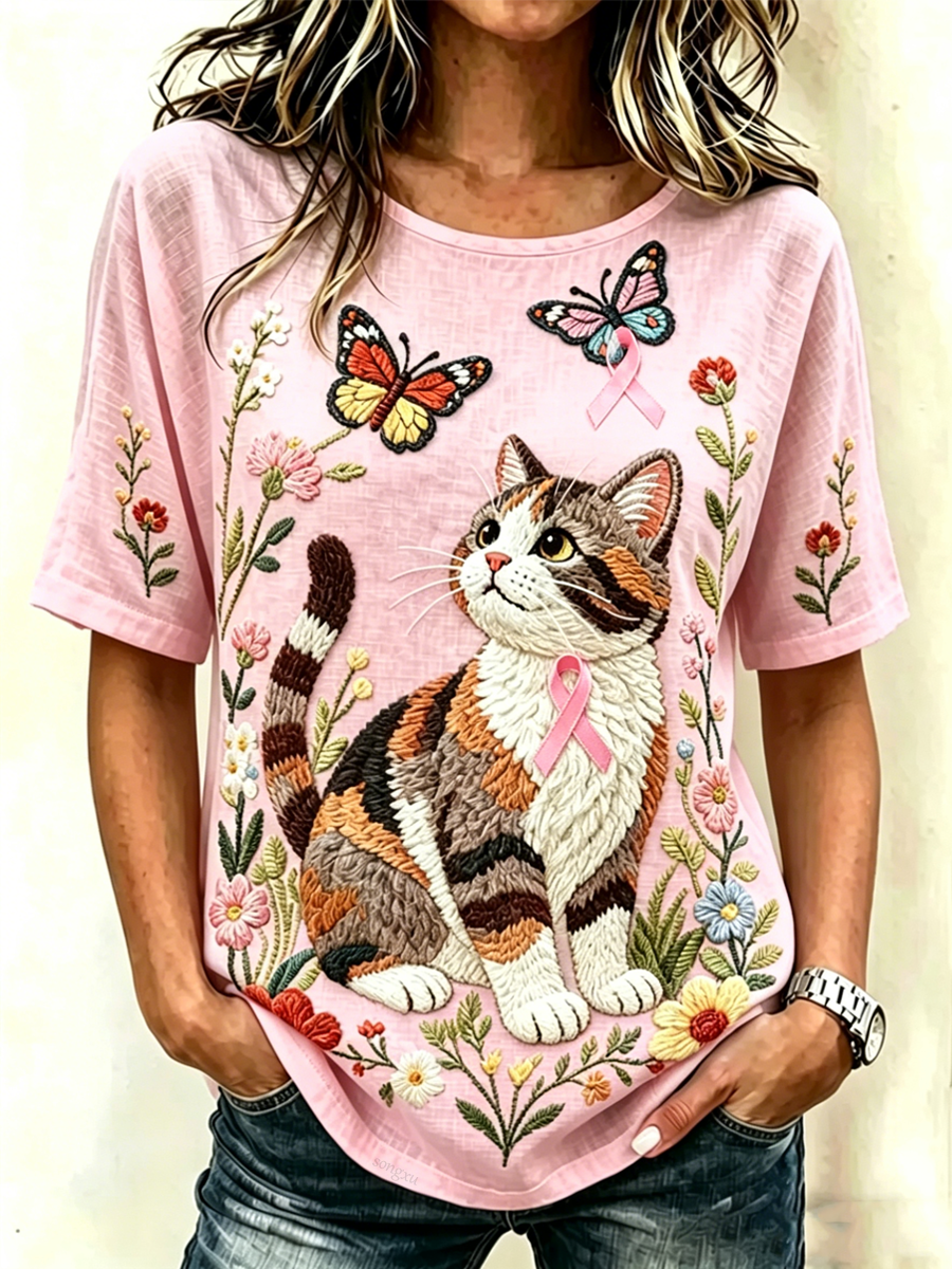 Women'S Casual Floral Cat Printed T-Shirt