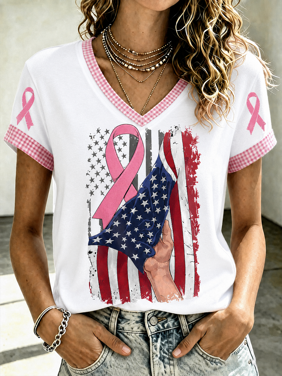 Women'S Flag Breast Cancer Awareness Print Short Sleeve T-Shirt