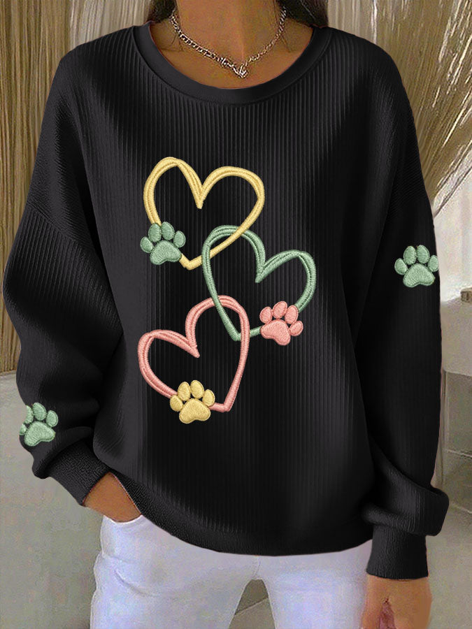 Women'S Heart-Shaped Paw Print Casual Sweatshirt