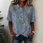 Women'S Cotton And Hemp Faith Flower Art Button Design Casual Printed Top