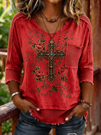 Women's Boho Cross Floral Print Woven Patchwork 3/4 Sleeve Top