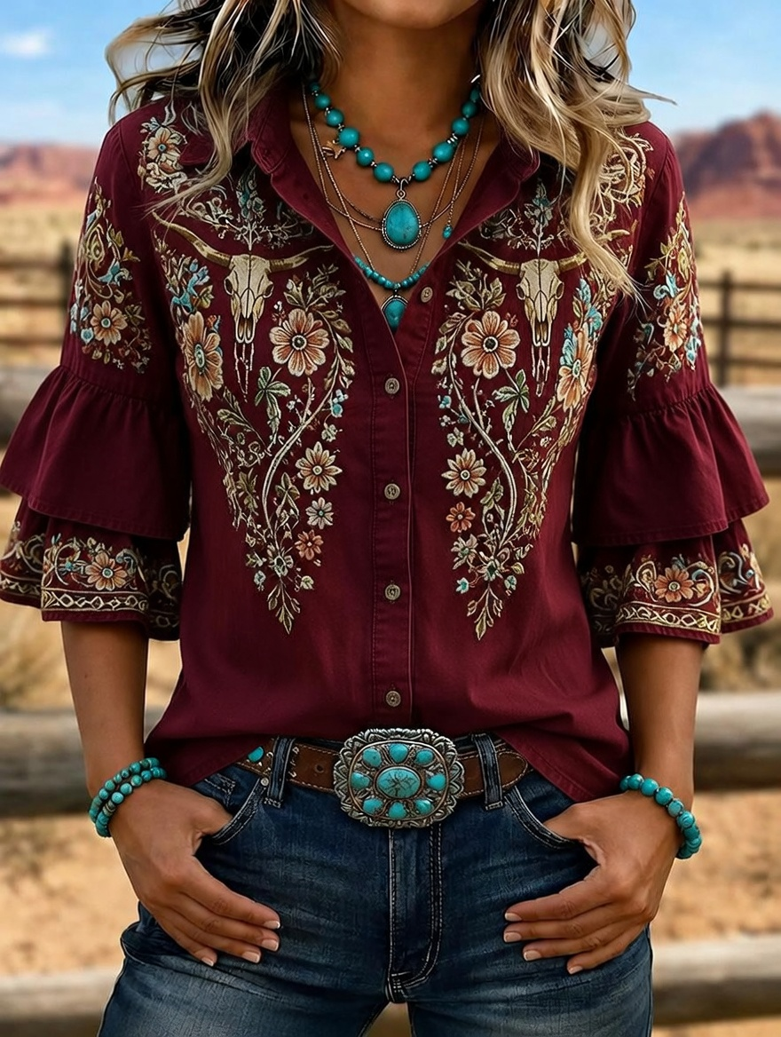 Women's Western Bull Skull Embroidered Ruffle Sleeve Shirt