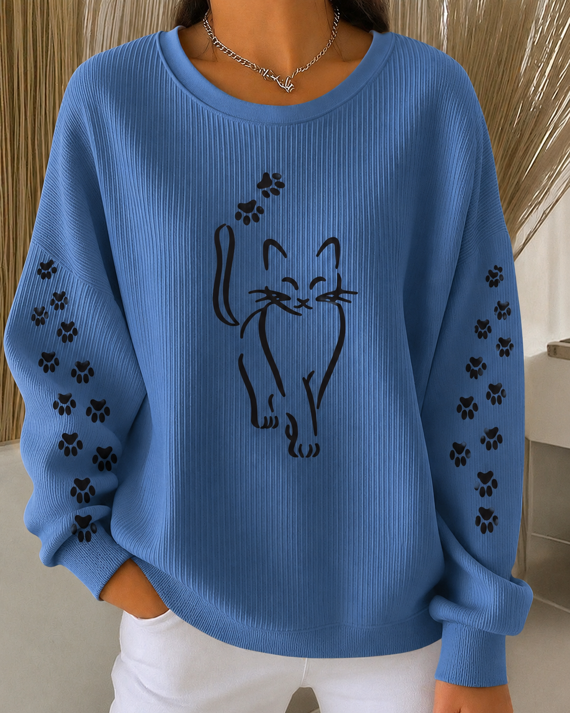 Women'S Cat Paw Print Casual Round Neck Long Sleeved Sweatshirt